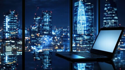 Poster - A laptop sits on a reflective surface with a city skyline illuminated at night in the background.