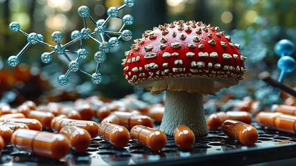 Poster - Red mushroom surrounded by molecules and capsules in a forest setting at twilight