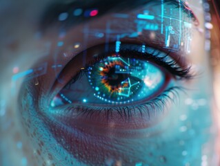 Poster - A close-up of an eye with digital graphics and data overlays, symbolizing technology and insight.