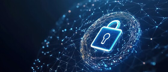 Poster - Digital padlock symbolizing cybersecurity within a network of connected nodes.