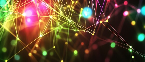 Poster - Abstract colorful network of lines and dots on a dark background.