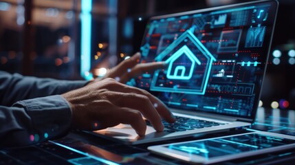 Poster - A person interacts with a laptop displaying smart home technology interfaces.