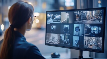 Poster - A person monitors multiple surveillance camera feeds on a computer screen in an urban setting.