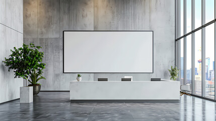 Poster - Modern Lobby Reception with Blank Canvas for Branding: A sleek and contemporary reception area with a large blank canvas, perfect for showcasing your brand or message.