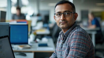 Poster - A focused individual in an office environment, engaged in work at a desk.