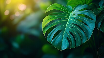 Wall Mural - Close-up of a vibrant Monstera leaf against a blurred green background.