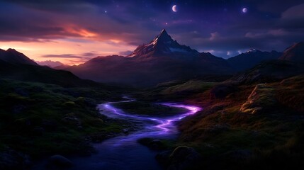 Wall Mural - Magical sunset over a mystical mountain range with a glowing river.