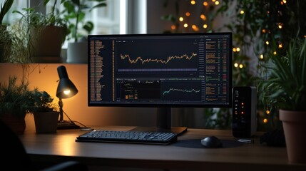 Poster - A cozy workspace with a monitor displaying financial charts and plants in the background.