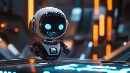 Poster - Cute futuristic robot with glowing eyes in a high-tech environment