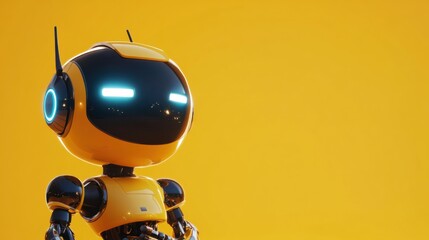 Poster - Friendly Robot Character with Bright Yellow Background and Eye Lights