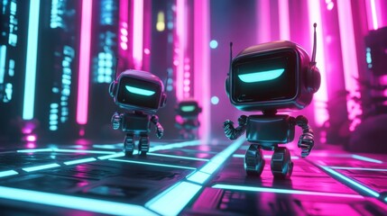Poster - Cute Retro Robots with Neon Lights in a Futuristic Digital Cityscape