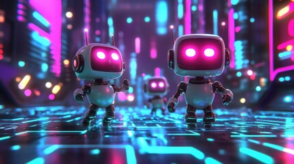 Poster - Cute Cartoon Robots Walking in Futuristic Neon City Environment
