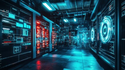 Poster - Futuristic Data Center with Glowing Visuals and Advanced Technology