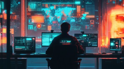 Poster - Futuristic high-tech urban office innovative workspace with virtual products
