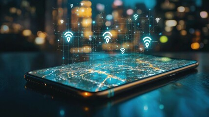 Poster - Smartphone screen projects holographic gps map in urban environment innovative technology display