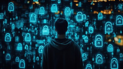Poster - Individual Contemplating Digital Security Concepts in Futuristic Space