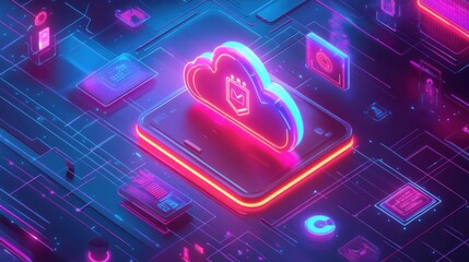 Poster - Futuristic Cloud Technology with Neon Lights and Digital Icons
