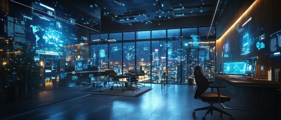 Poster - Futuristic coworking space with holographic displays city skyline tech environment night viewpoint