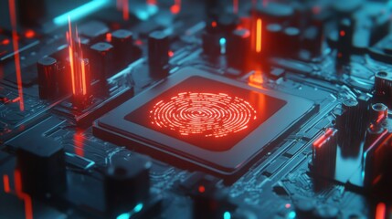 Poster - Glowing Circuit Board with Red Fingerprint Pattern and Neon Lights