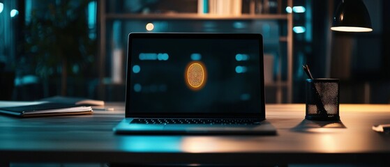 Poster - Fingerprint authentication technology displayed on laptop in modern workspace at night