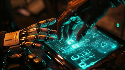 Poster - Futuristic collaboration human and robot hands on a glowing interface technology