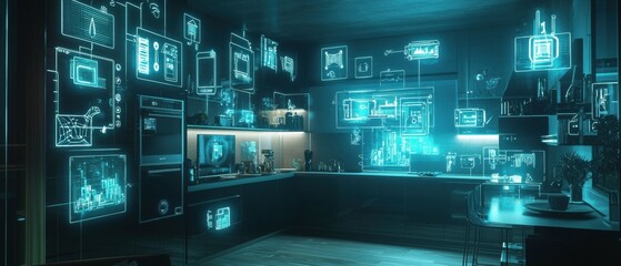 Poster - Interconnected smart home concept in glowing holo kitchen futuristic environment tech visualization
