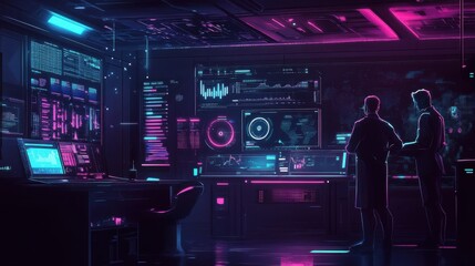 Poster - Futuristic Control Room with Data Visualizations and Neon Lights