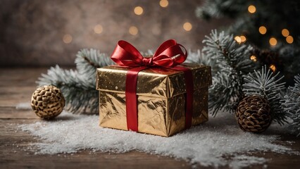 Wall Mural - gold wrapped gift box with a red ribbon bow with snow, pine branches, and pinecones on a bokeh backg