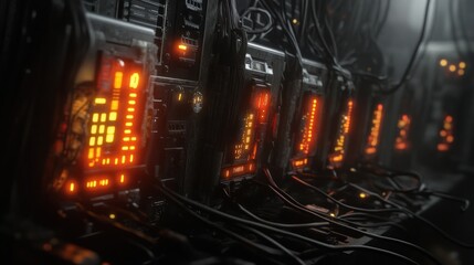 Poster - A futuristic server room with illuminated panels and tangled wiring.