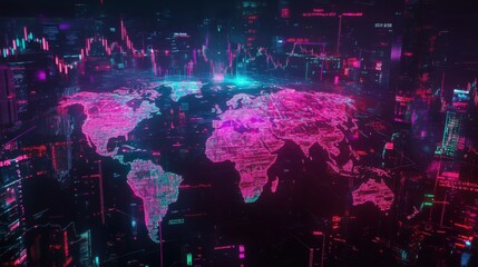 Poster - Futuristic Digital World Map with Graphs and Data Visualizations