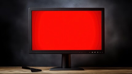 Poster - A blank monitor displaying a solid red screen on a wooden surface.
