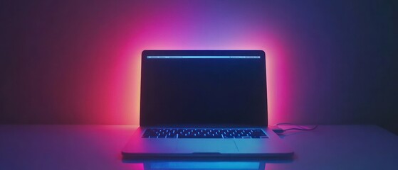Poster - A laptop with a dark screen illuminated by colorful ambient lighting.