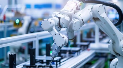 Poster - A robotic arm in an industrial setting, performing automation tasks on a production line.