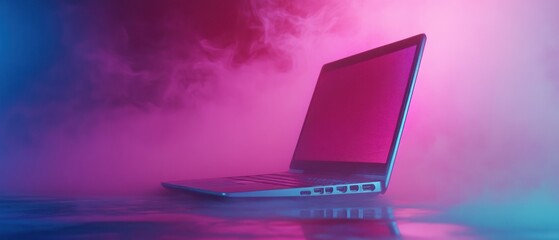 Poster - A laptop displayed against a colorful, foggy background, emphasizing technology and creativity.