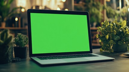 Poster - A laptop with a green screen sits on a desk surrounded by small plants in a cozy environment.