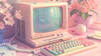 Poster - A pastel-colored vintage computer setup with flowers and a cozy workspace.