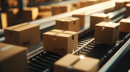 Poster - Packages moving on a conveyor belt in a warehouse setting.