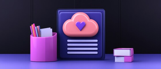 Poster - A colorful desktop scene featuring a cloud icon with a heart, stationery, and books.