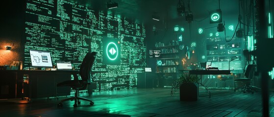 Poster - Dynamic cybersecurity visualization glowing data encryption symbols in digital tech
