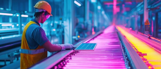 Poster - Sustainability in action a factory worker cleans solar-powered conveyor belts