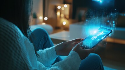 Poster - Futuristic home office interacting with virtual assistant holograms for insight