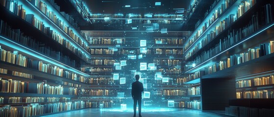Poster - Tranquil library holograms exploring digital learning and illuminating knowledge