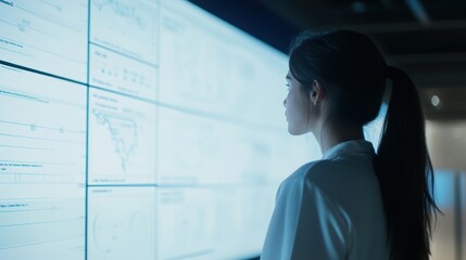 Poster - A woman observes data on large digital screens in a modern environment.