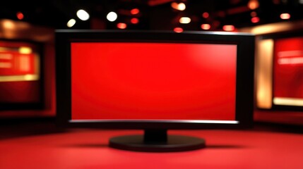 Poster - A blank monitor in a studio setting with a red background, suggesting a media or broadcast purpose.
