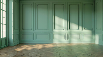 Poster - Sage Green Room Interior: Sunlight streams into a room with elegant sage green paneled walls and a herringbone wooden floor, creating a serene and stylish atmosphere.