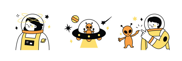 Poster - Future science and technology that allows us to meet aliens in space. outline simple vector illustration.