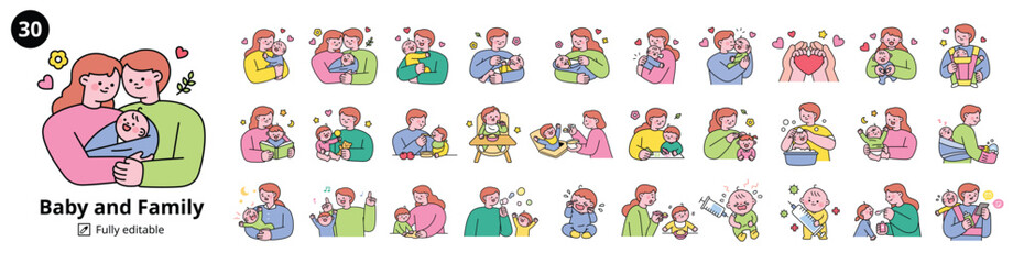 Wall Mural - Baby and Family Mega Set. Parents caring for babies. outline simple vector illustration.