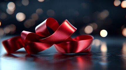 Canvas Print - Red ribbon elegantly curled on dark surface with bokeh lights.