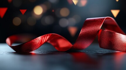 Canvas Print - Red ribbon elegantly swirls on dark background with bokeh lights.