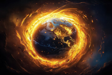 Poster - A vibrant depiction of Earth glowing amidst swirling golden energy, set against a dark cosmic background
